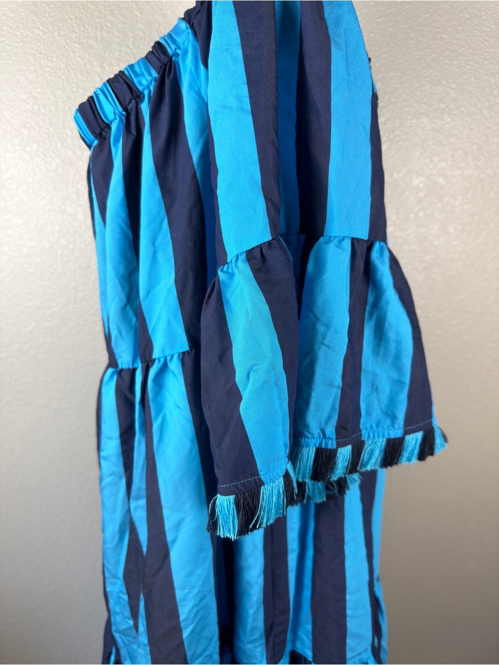 NWT Trina Turk Turquoise and Navy Off-Shoulder Striped Tiered Beach Dress, XL - Picture 5 of 8